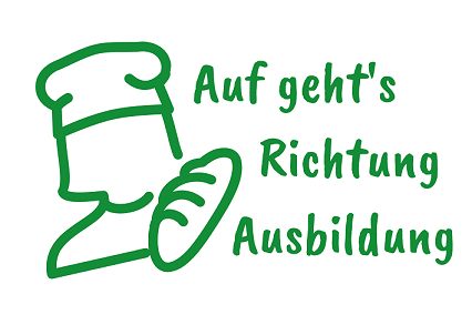 Grafik eines Bäckers mit Brot und dem Schriftzug "Auf geht's Richtung Ausbildung"
